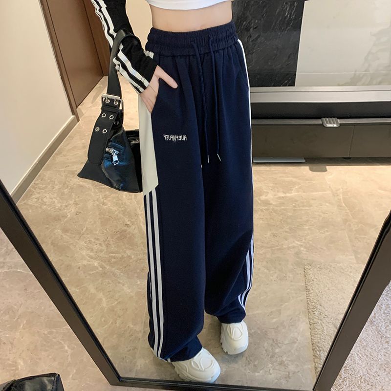 Real shot American striped wide-leg sports pants for women's couples large-size floor pants for spring lazy straight-leg casual pants