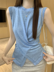 Real photo Real summer irregular cross-buckle slimming 6 wool light knitted sleeveless top