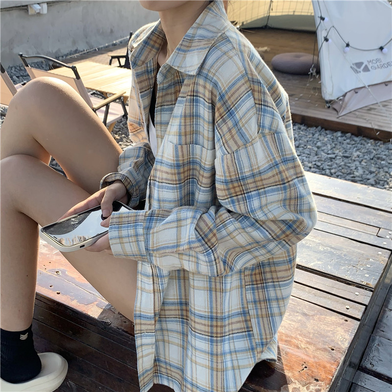 實拍 復古防曬格子襯衫外套春夏季新款寬鬆襯衣女款長袖上衣