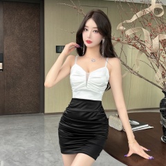 Real shot of sexy spliced ​​tight hollow suspender hip-pack dress