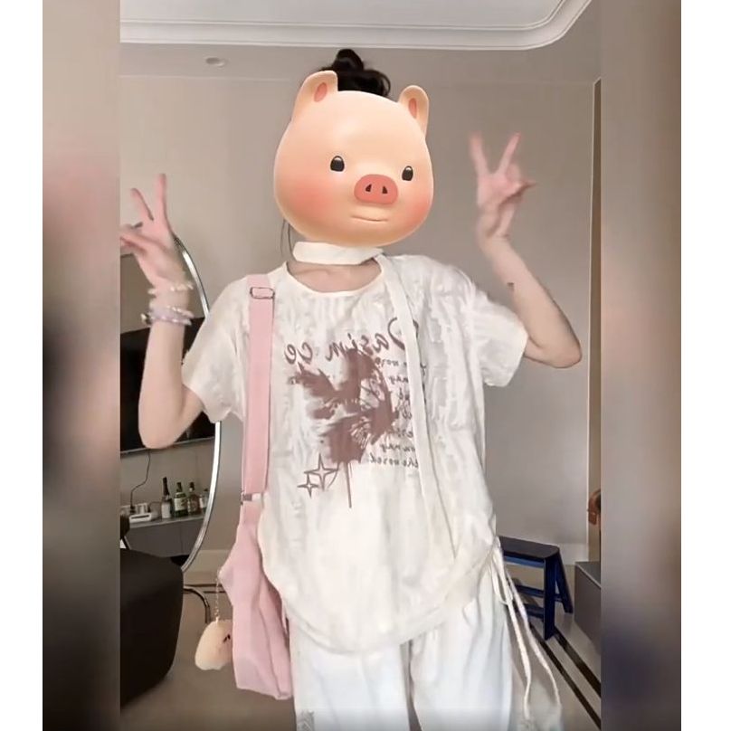 原版破洞布法式復古印花短袖T恤女夏設計感休閒寬鬆顯瘦上衣