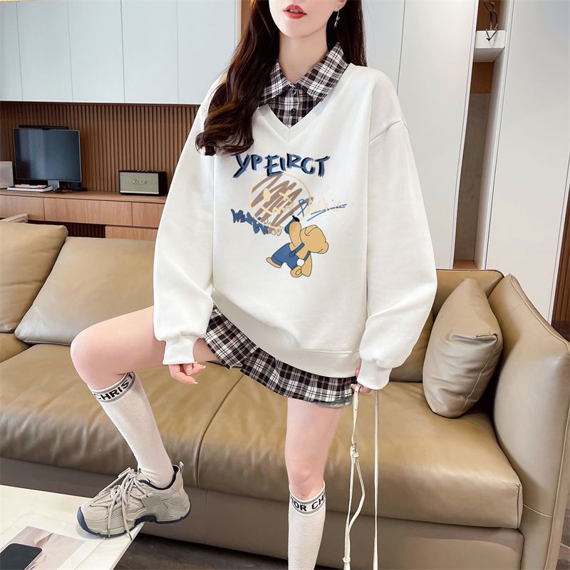 Real shot of plaid polo neck fake two-piece sweatshirt for women's new spring and autumn fashionable age-reducing loose design top