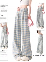 Inner-covered blue plaid wide-leg pants for women in summer new high-waist loose slimming straight-leg casual pants trendy
