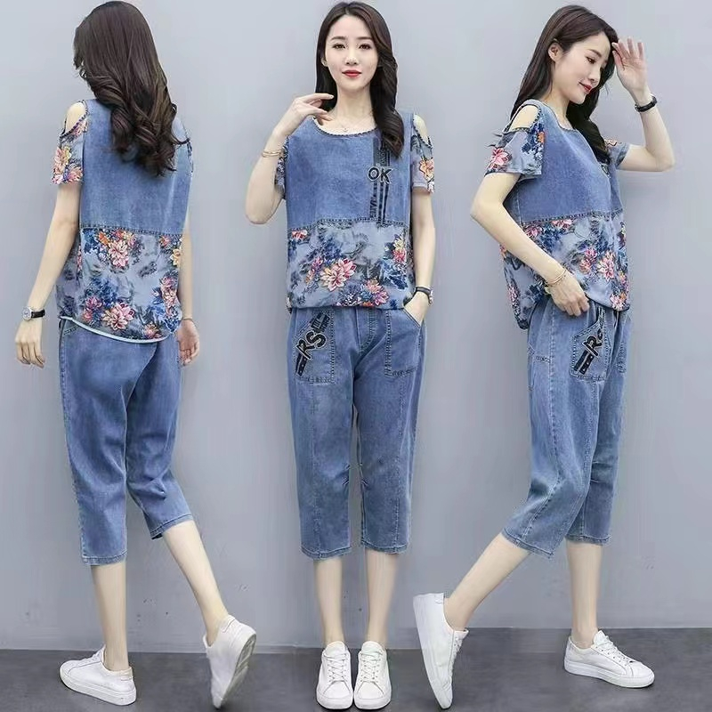 New summer large-size women's clothing fashionable suit fat girl looks slim and casual imitation denim cropped pants