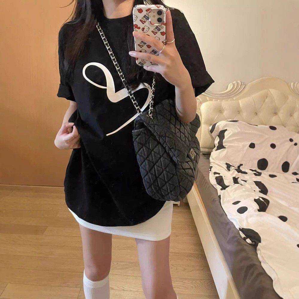 韓國chic純棉後包領2025夏季新款韓版美式印花寬鬆版短袖T恤女潮