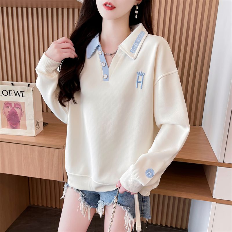 Real photos of Hua Cotton Spring and Autumn Thin Polo Collar Sweatshirt for women new early autumn fashionable age-reducing loose design top