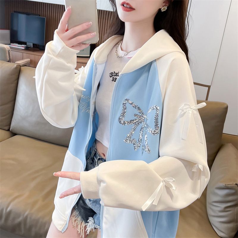 Real photo of Hua Cotton, color-blocking hooded design sweatshirt for women in spring and autumn new Korean loose thin lazy style jacket