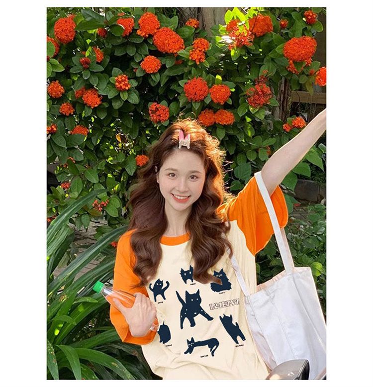 Pure cotton large-size women's T-shirt spring and summer new design Korean loose short-sleeved cartoon printed T-shirt top for women