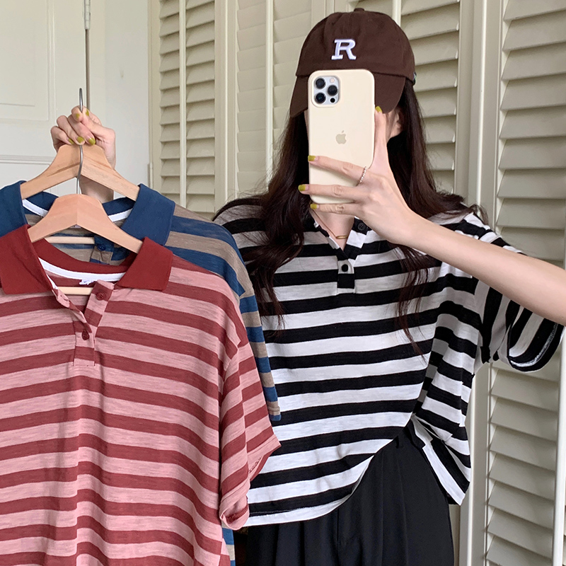 #Real shot of 100% pure cotton Korean versatile loose striped Polo shirt summer new short-sleeved T-shirt for women