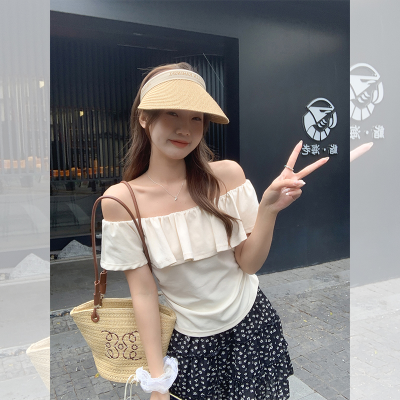 Real-life French ruffled one-shoulder chic short-sleeved T-shirt for women in summer 2025 new collarbone top