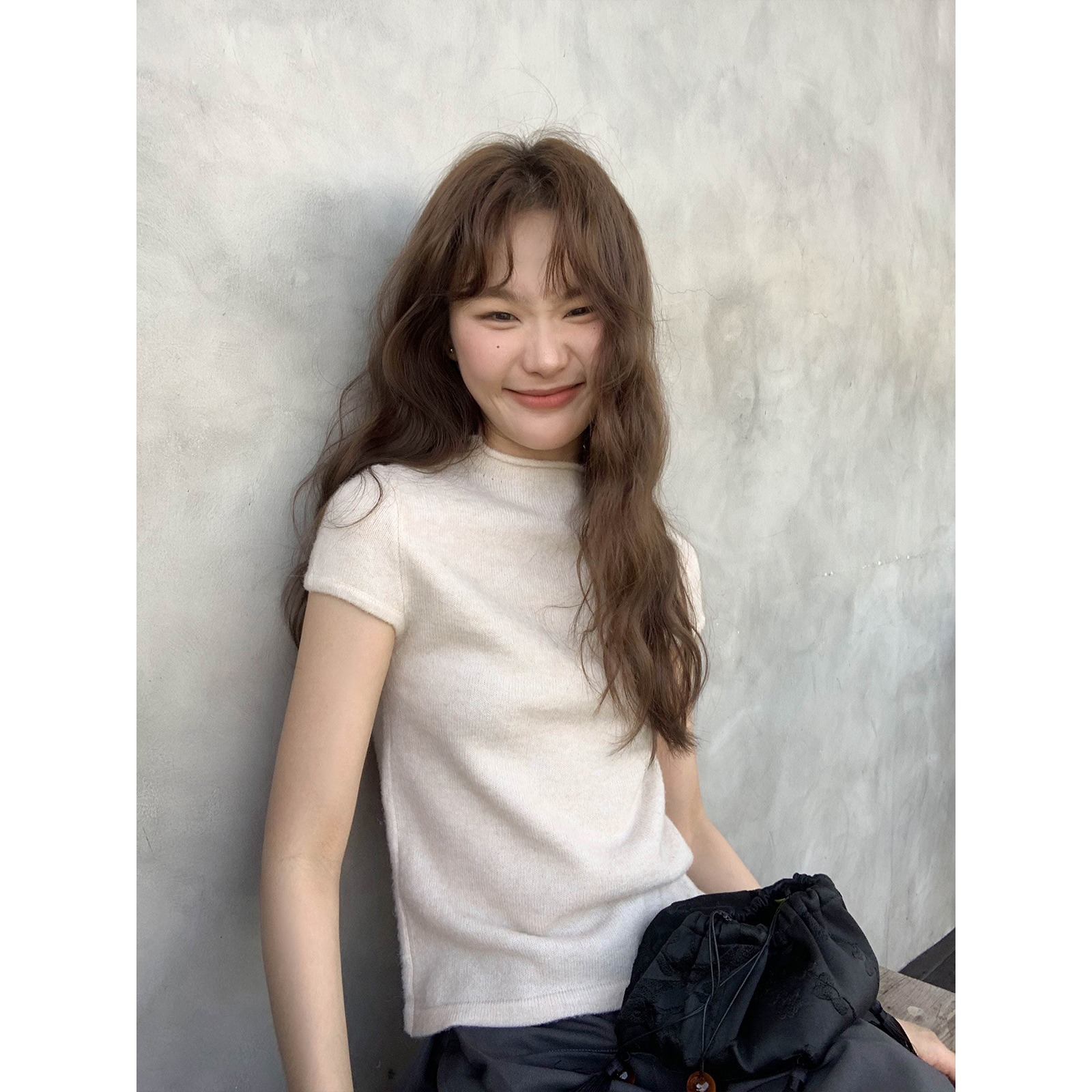 Unique curled knitted short-sleeved women's summer 2025 new half-high neck high-end T-shirt slim and beautiful pink top