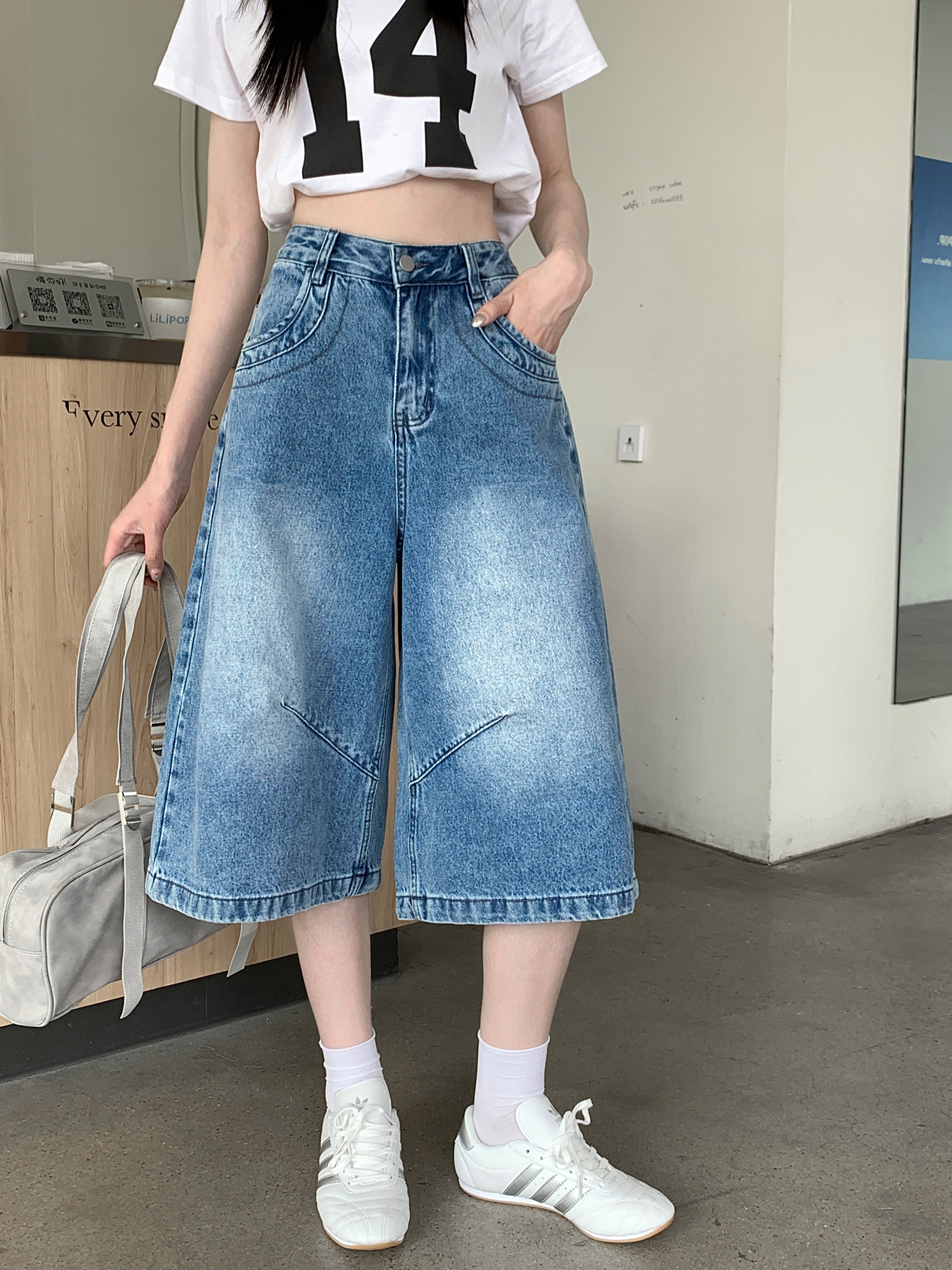 實拍#新款高腰七分牛仔褲女後袋設計感復古水洗直筒闊腿褲子