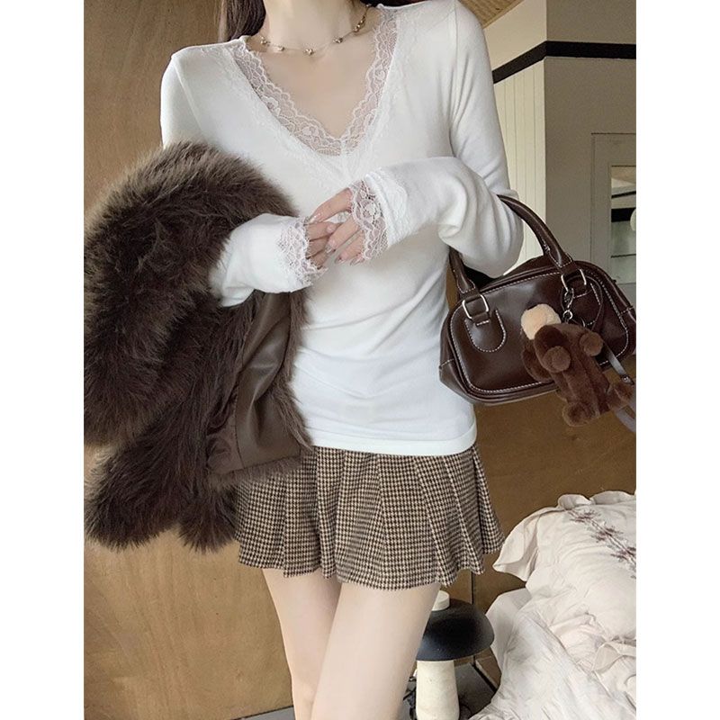 法式V領蕾絲花邊T恤女裝秋季小眾chic修身打底衫上衣