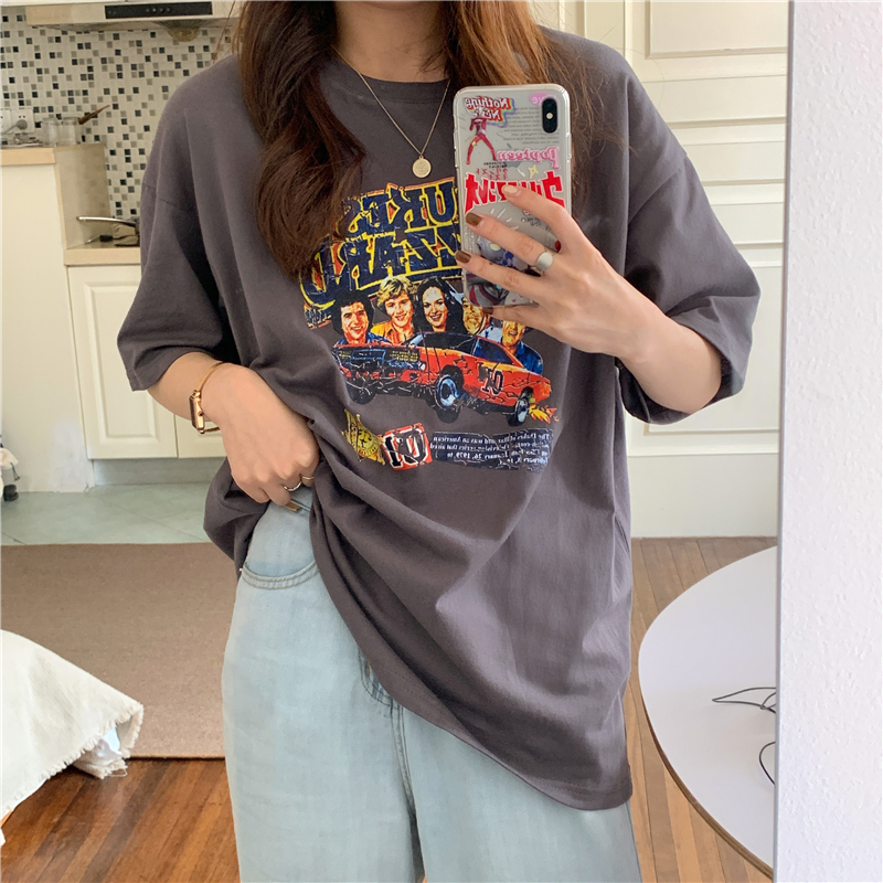 #Real shot of 200g pure cotton 2025 spring and summer new American retro character printed short-sleeved T-shirt for women