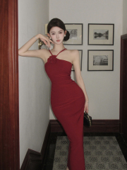 實拍復古性感花朵吊帶修身顯瘦後開叉包臀連衣裙長裙女