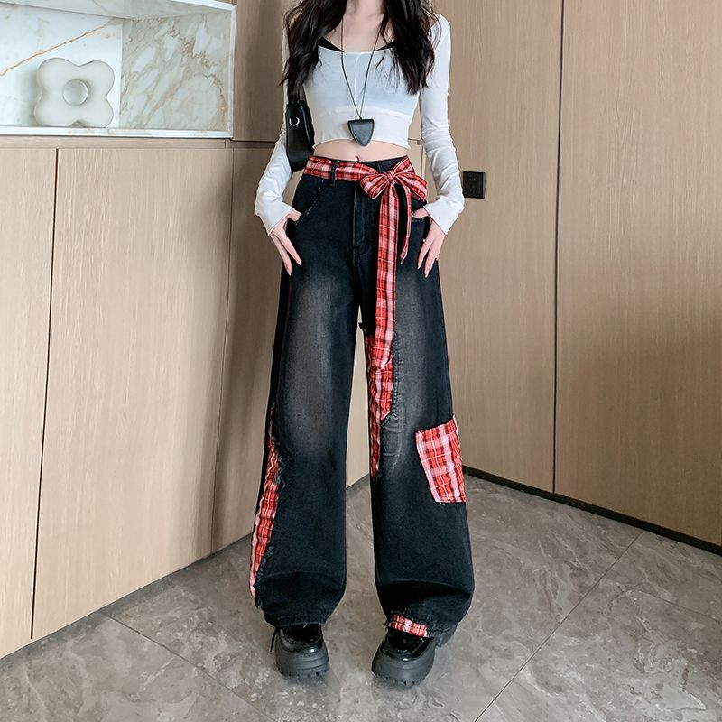 Real shot~ Black spliced ​​bow wide-leg pants jeans for women's new high-waist loose straight-leg pants