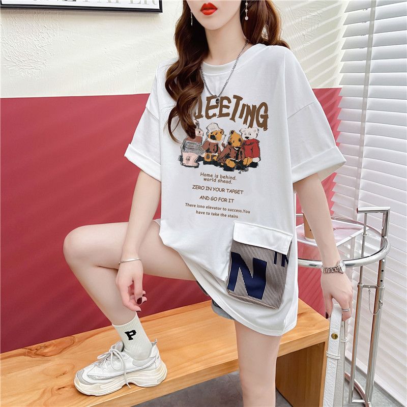 Real shot cartoon pocket design short-sleeved T-shirt women's summer new niche loose large-size T-shirt ins trendy