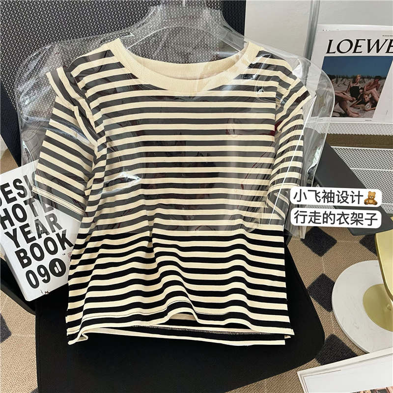 Real-life photo 95 cotton 5 spandex summer new Korean version small fly sleeves straight shoulder striped short-sleeved T-shirt for women