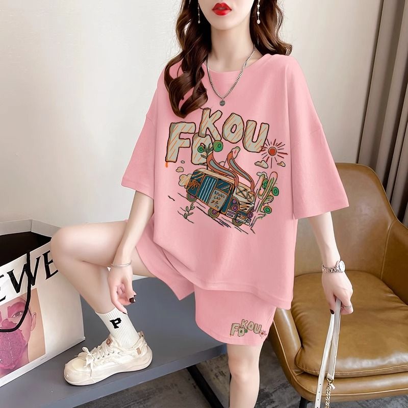 Real photos and smooth cotton casual sportswear suits for summer new style student shorts T-shirts large size two-piece set women's fashion