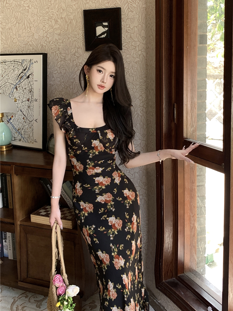實拍復古性感小飛袖修身雪紡碎花顯瘦連衣裙長裙女