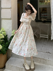 Real shot, French square collar dress, women's summer new style waist-hugging and slimming skirt, A-line skirt, mid-length skirt