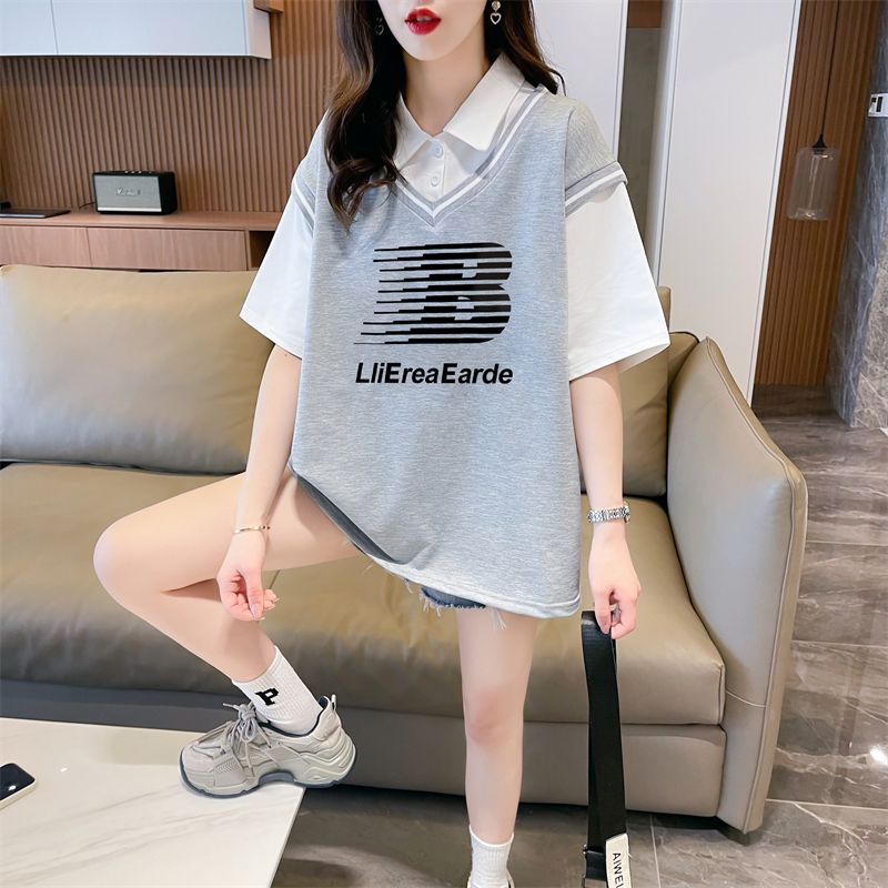 Real shot of polo neck fake two-piece T-shirt large-size women's new summer fashionable age-reducing loose short-sleeved top trendy