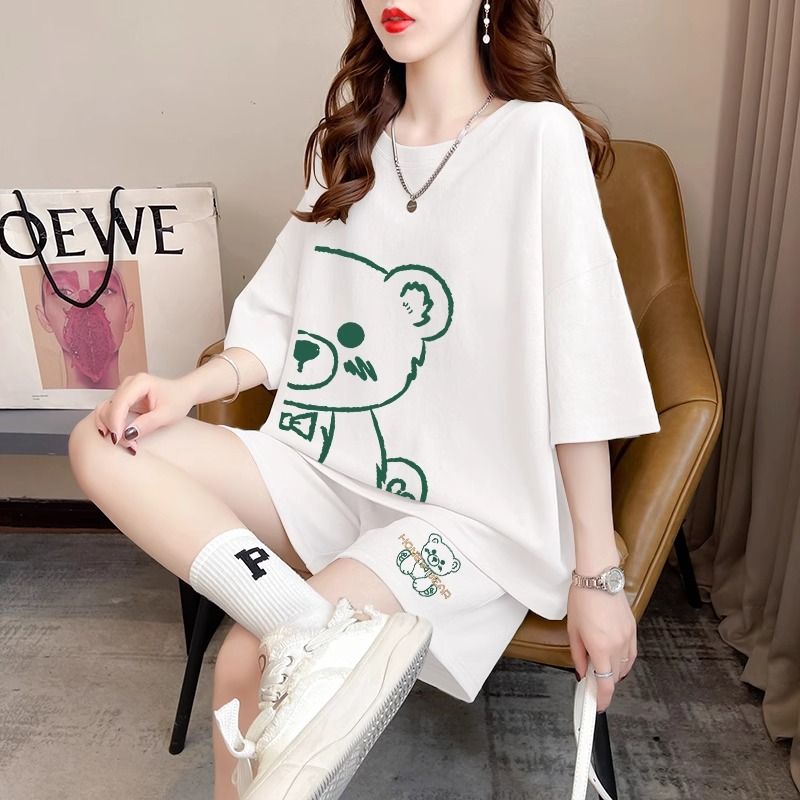 Real photos and smooth cotton casual sportswear suits for summer new style student shorts T-shirts large size two-piece set women's fashion