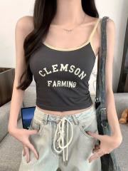 非實拍 美式復古印花小吊帶背心內搭辣妹穿搭帶胸墊短款上衣