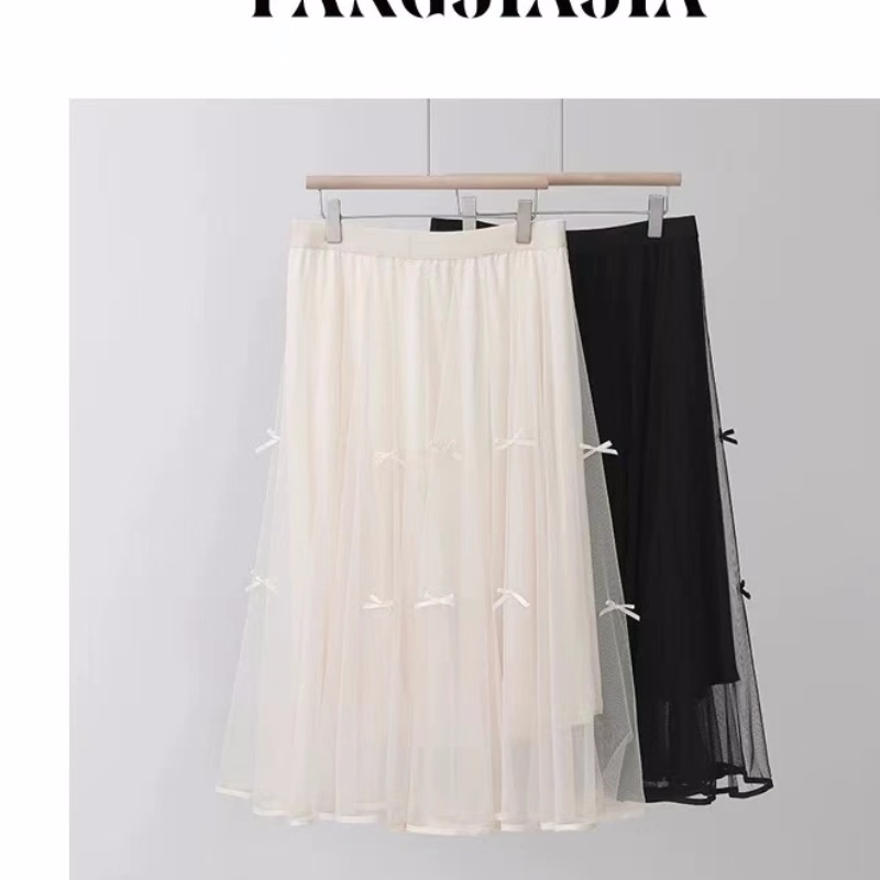 Women's new spring skirt for women's mid-length mesh a-line skirt high waist long skirt pleated fairy gauze skirt