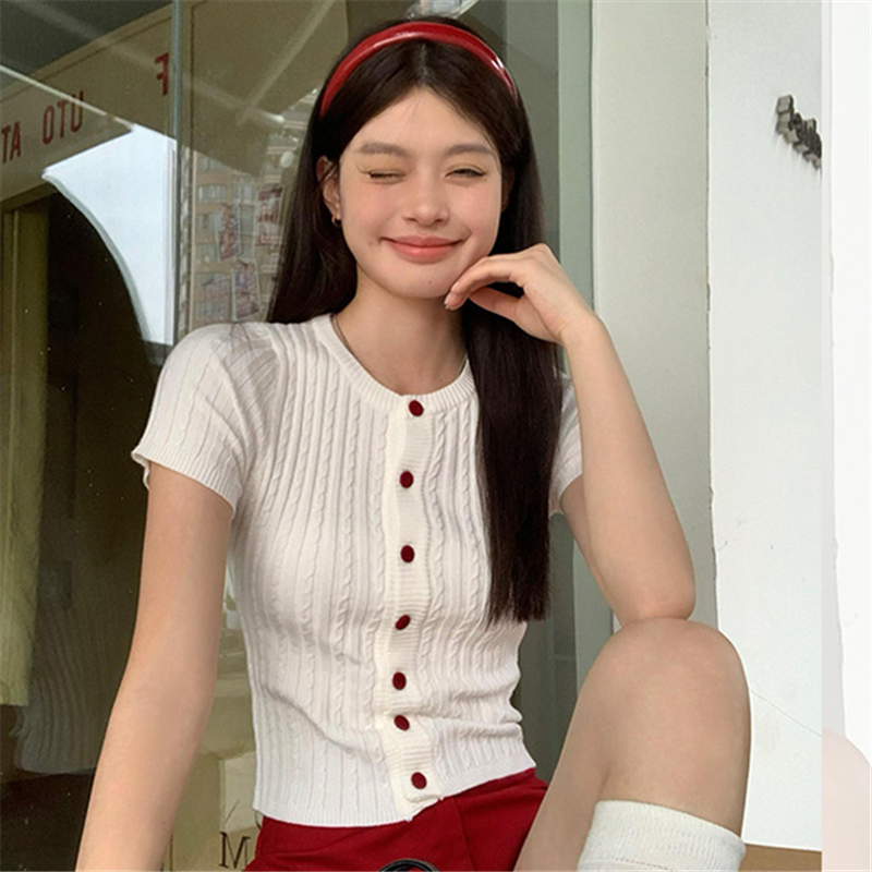 Original white shoulder knitted short-sleeved T-shirt for women's summer button slim short unique top