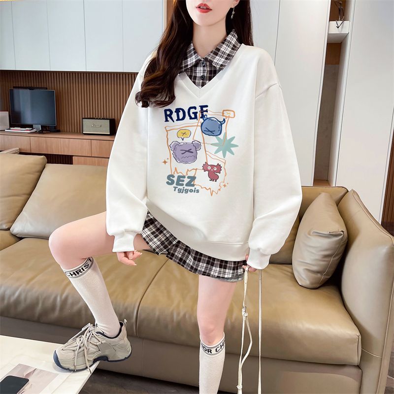 Real shot of plaid polo neck fake two-piece sweatshirt for women's new spring and autumn fashionable age-reducing loose design top