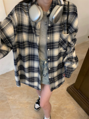 非實拍 復古美式格子襯衫新款襯衣設計感小眾韓系上衣外套潮