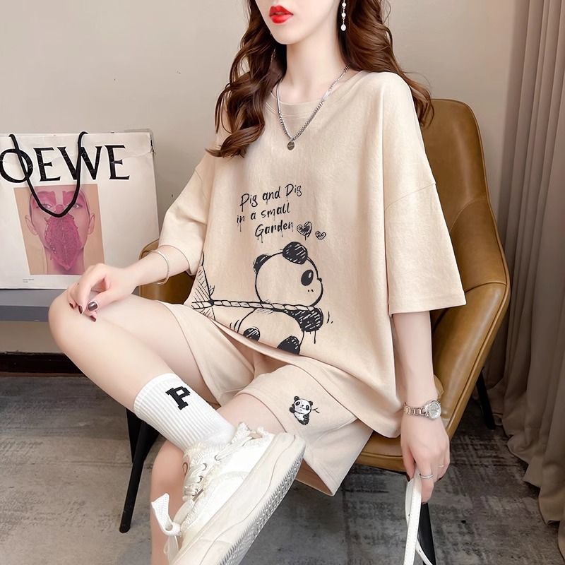 Real photos and smooth cotton casual sportswear suits for summer new style student shorts T-shirts large size two-piece set women's fashion