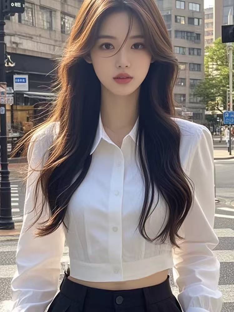 White long-sleeved polo collar top for women in spring and autumn Korean French slim high waist versatile short base shirt