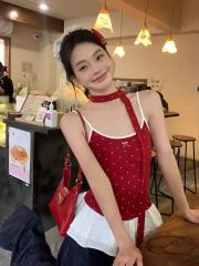 Song Zheng'en polka dot red suspender vest for women in summer new bow lace slim fit short top trendy