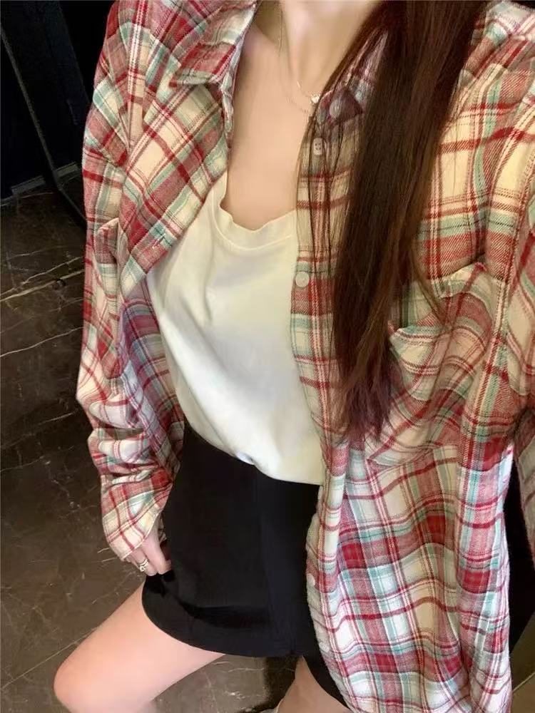 非實拍美式復古磨毛格紋長袖襯衫春夏慵懶風寬鬆外搭襯衣外套