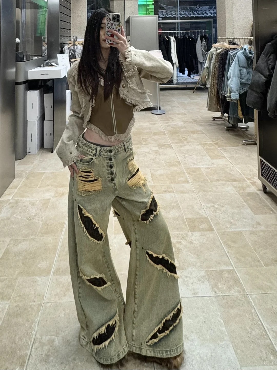 American street ripped design jeans for women 2025 spring new retro old wide-leg floor trousers