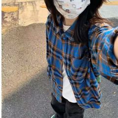 非實拍 藍色格子襯衫女春夏新款復古百搭休閒寬鬆外套上衣潮