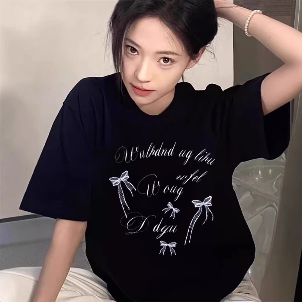 韓國chic純棉後包領2025夏季新款韓版美式印花寬鬆版短袖T恤女潮