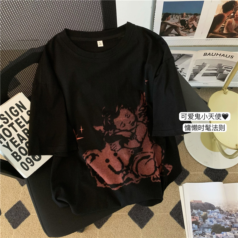 Real-life photo 200g pure cotton 2025 new Korean cute ghost angel print short-sleeved T-shirt