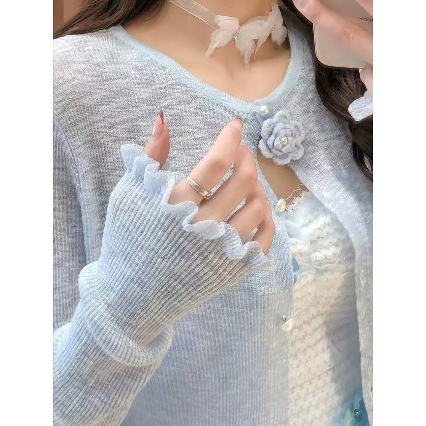 非實拍 純欲甜美防曬開衫木耳邊夏薄款空調衫別致立體花上衣