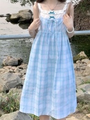 Fake two-piece plaid suspender skirt for women 2025 summer new Salt Island Girls Seaside Sweet Dress for women