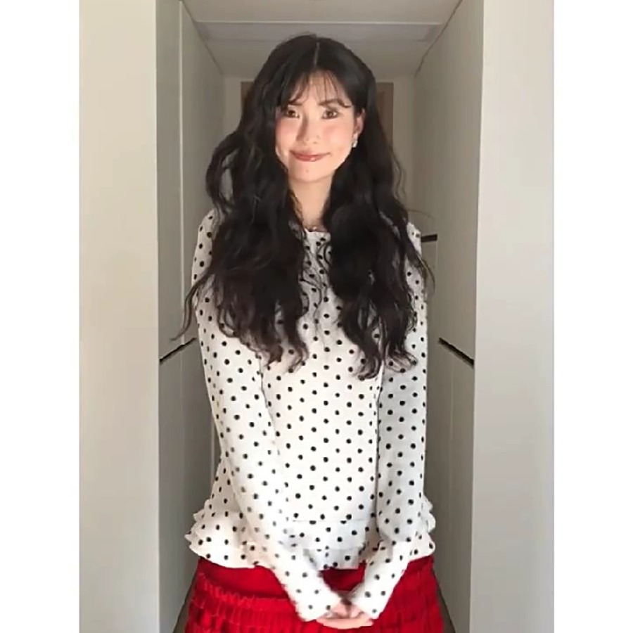 甜美風白色波點長袖T恤女春季氣質減齡荷葉邊打底衫顯瘦內搭上衣