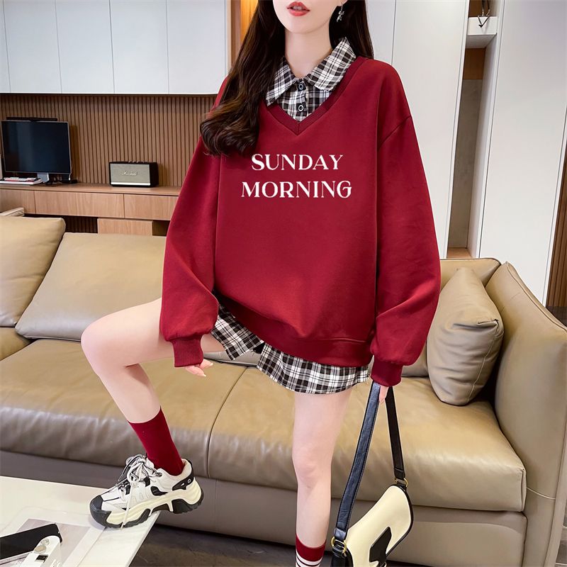 Real shot of plaid polo neck fake two-piece sweatshirt for women's new spring and autumn fashionable age-reducing loose design top