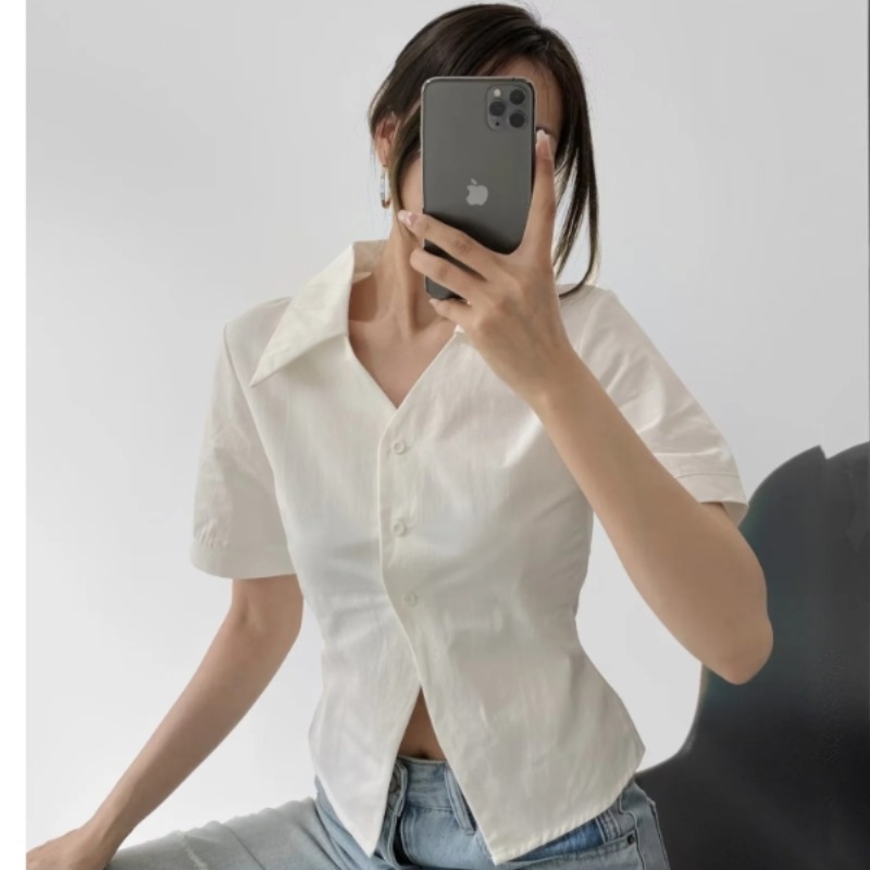 Pure style hem slit polo collar short sleeve solid color single-breasted shirt summer new style women's design shirt women