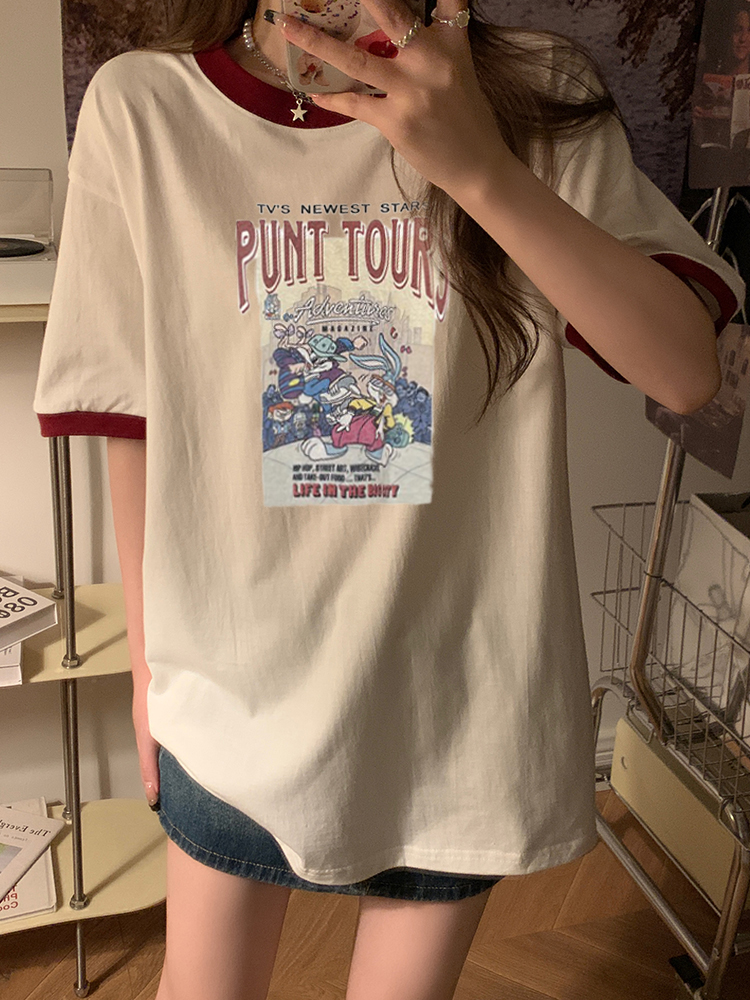 Real shot of 200g pure cotton, new summer loose casual contrasting color cartoon printed short-sleeved T-shirt for women