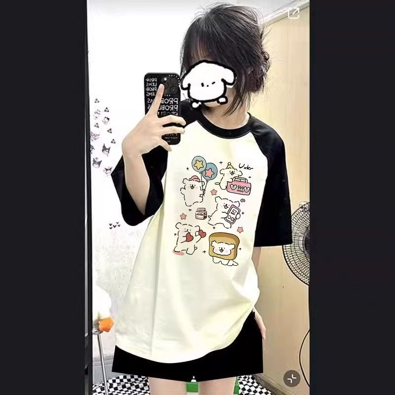 American retro cotton raglan sleeves T-shirt for women's summer new loose Hong Kong style top high quality