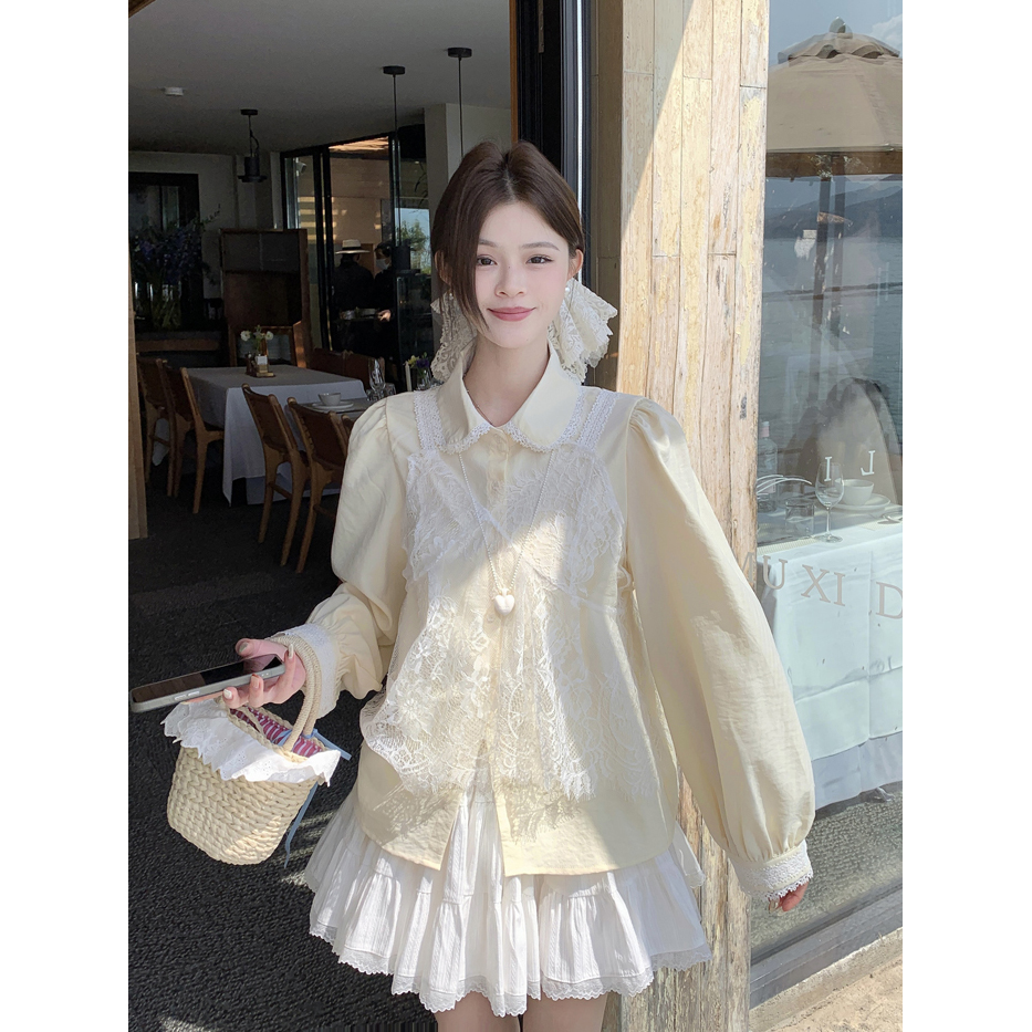 Real shot Korean temperament heavy industry lace suspender cucumber yellow shirt spring new women's sweet design top