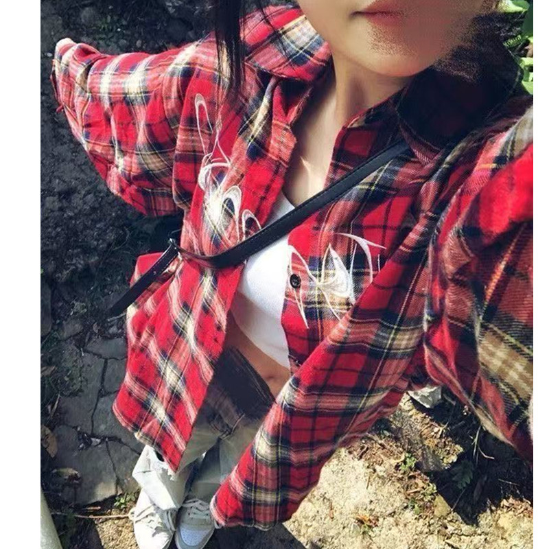 非實拍 美式復古紅色格子長袖襯衫新款襯衣小個子慵懶風外套