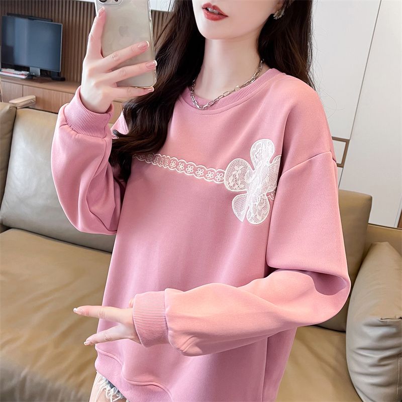Real photos of Hua Cotton round neck sweatshirt for women's new spring and autumn fashionable age-reducing loose design top trendy